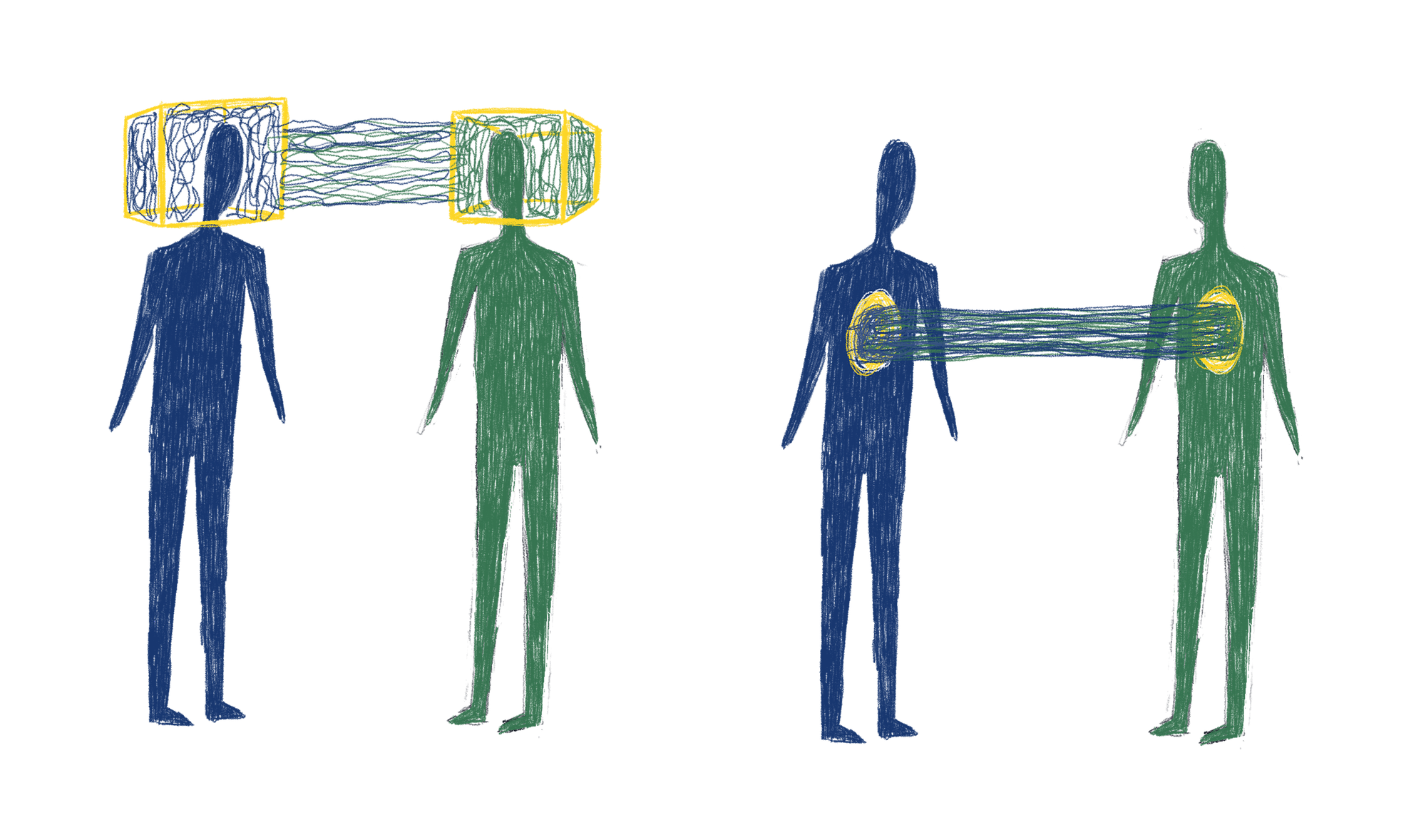 Illustration of two human figures linked by neural-like connections between their heads and hearts.