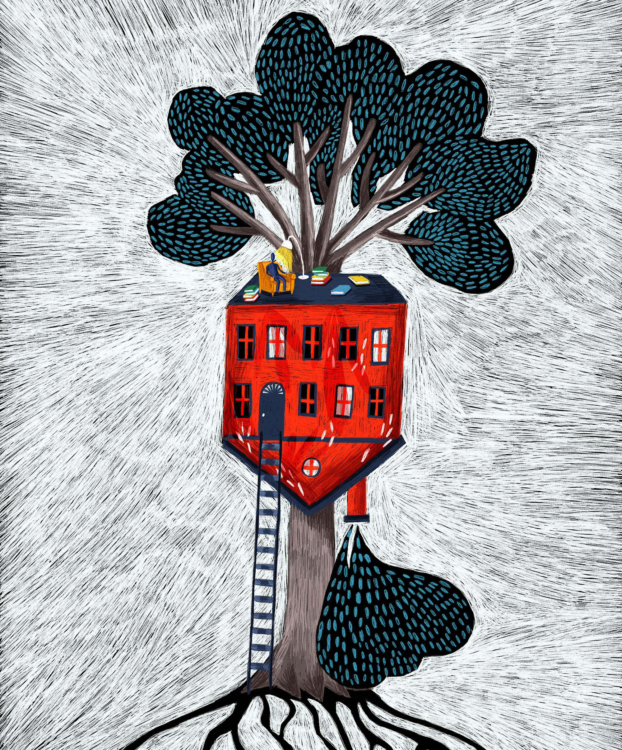 Whimsical illustration of a red treehouse shaped like a building, with a person reading on the roof amid large green foliage.