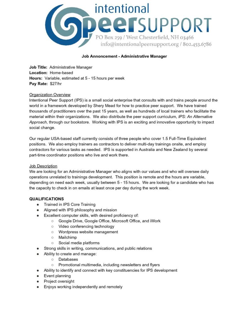Administrative Manager Job Description Intentional Peer Support